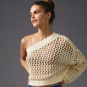 Anthropologie Cream One-Shoulder Open-Knit Sweater